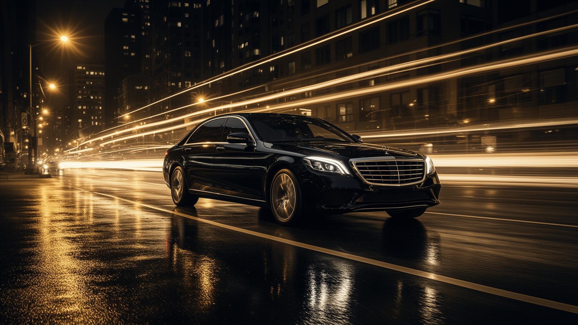 Black luxury sedan driving through city at night