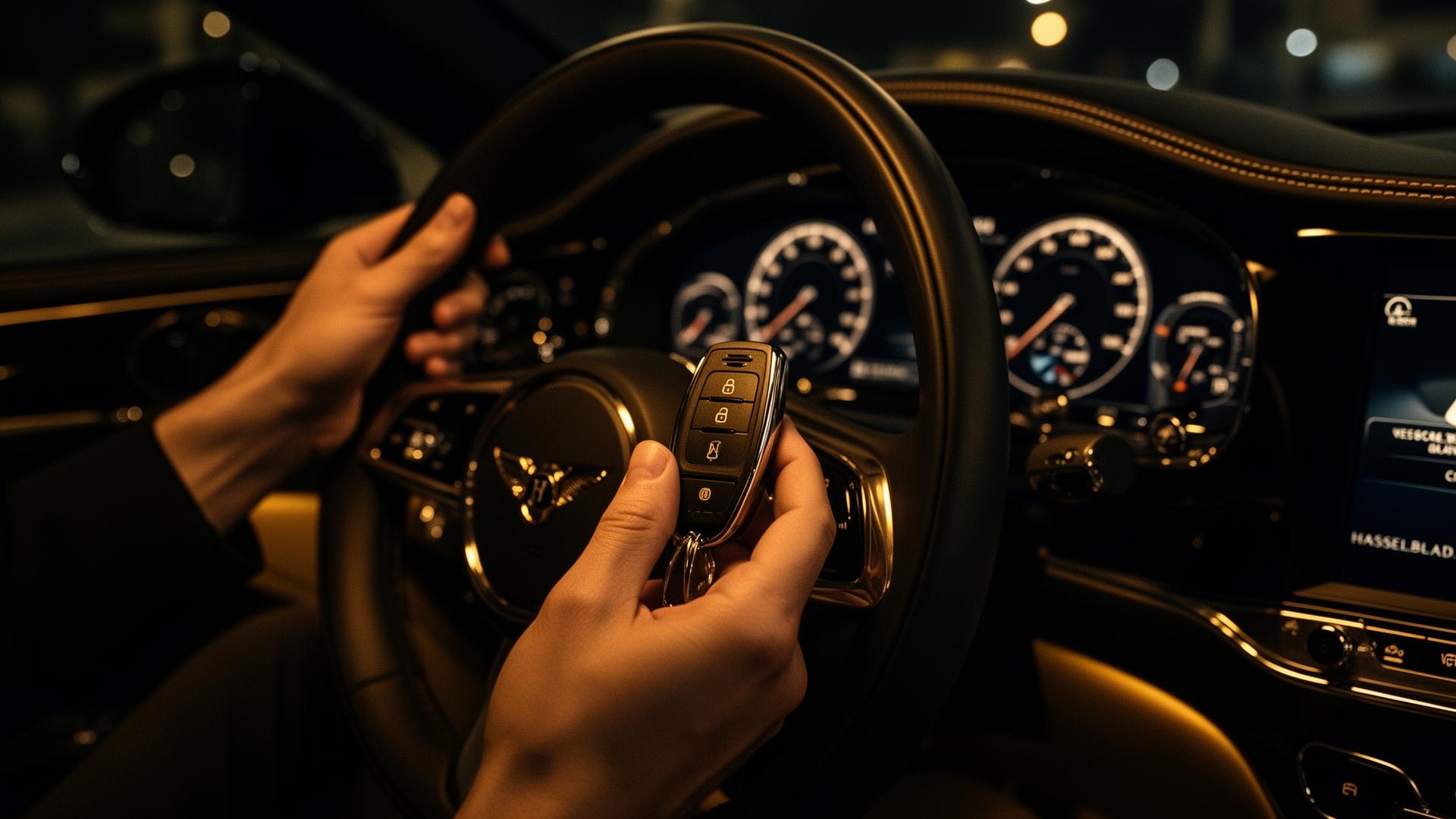 Driver holding car keys inside a luxury vehicle at night